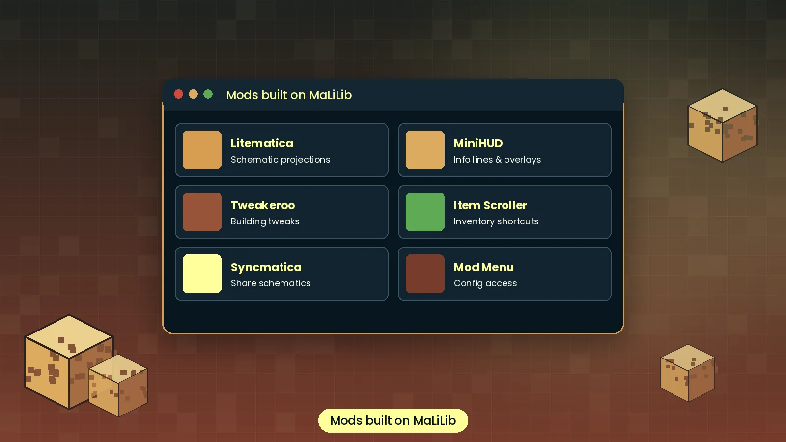 Litematica, MiniHUD, Tweakeroo and Item Scroller using MaLiLib