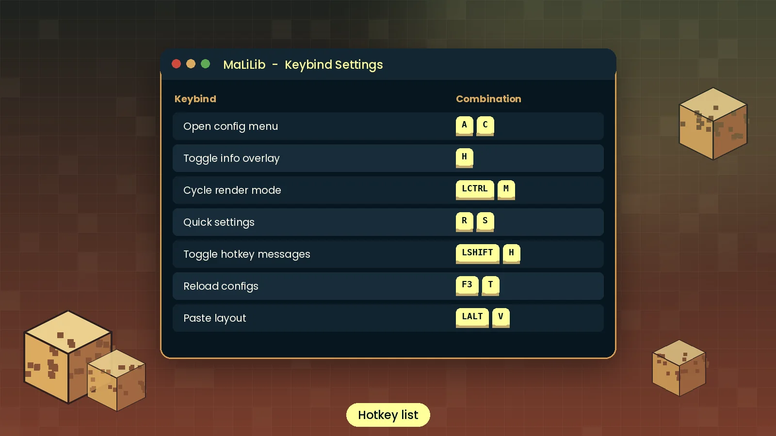 MaLiLib hotkey list showing multi-key combinations