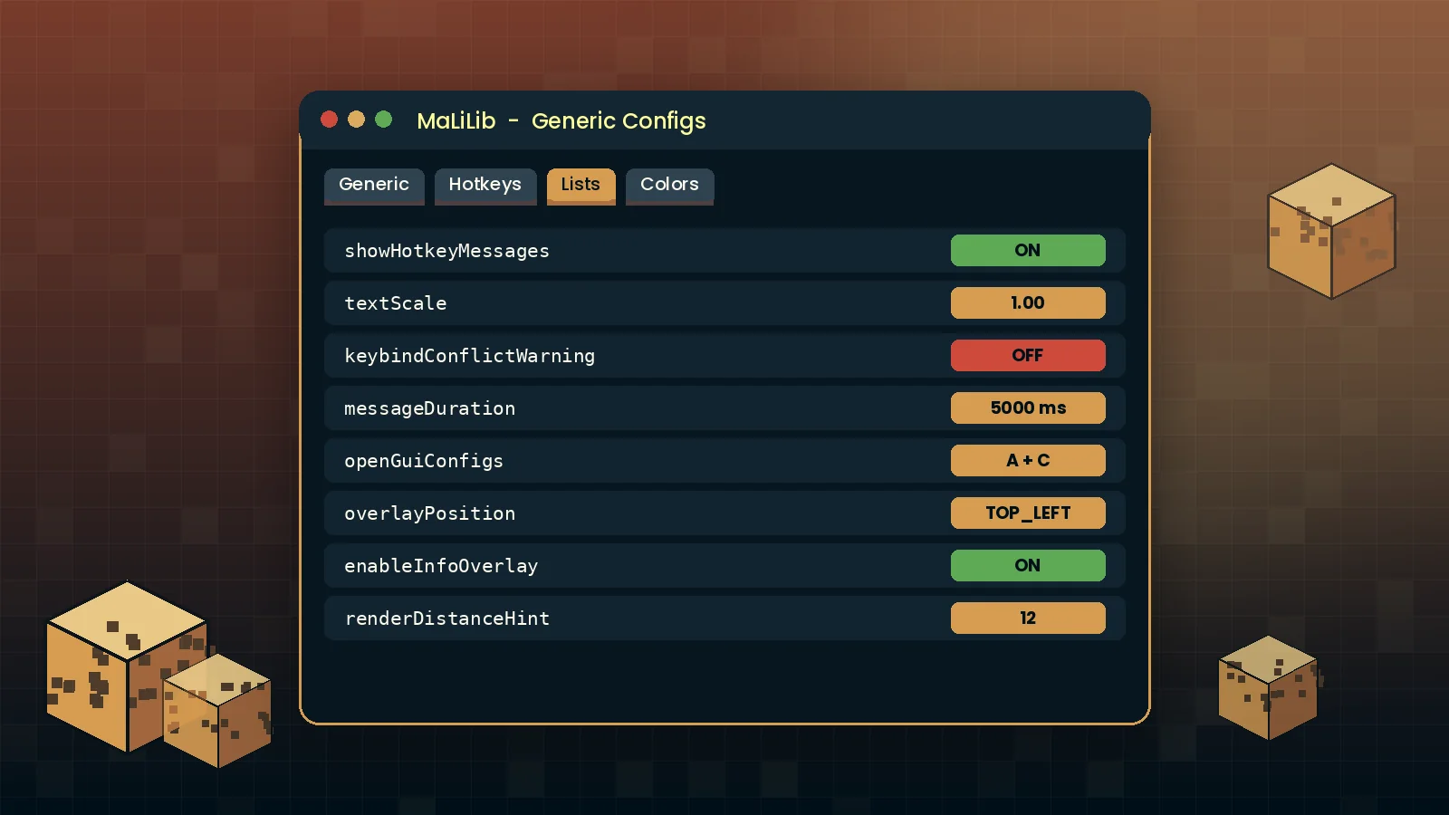 MaLiLib Generic configuration tab with toggle buttons and value fields