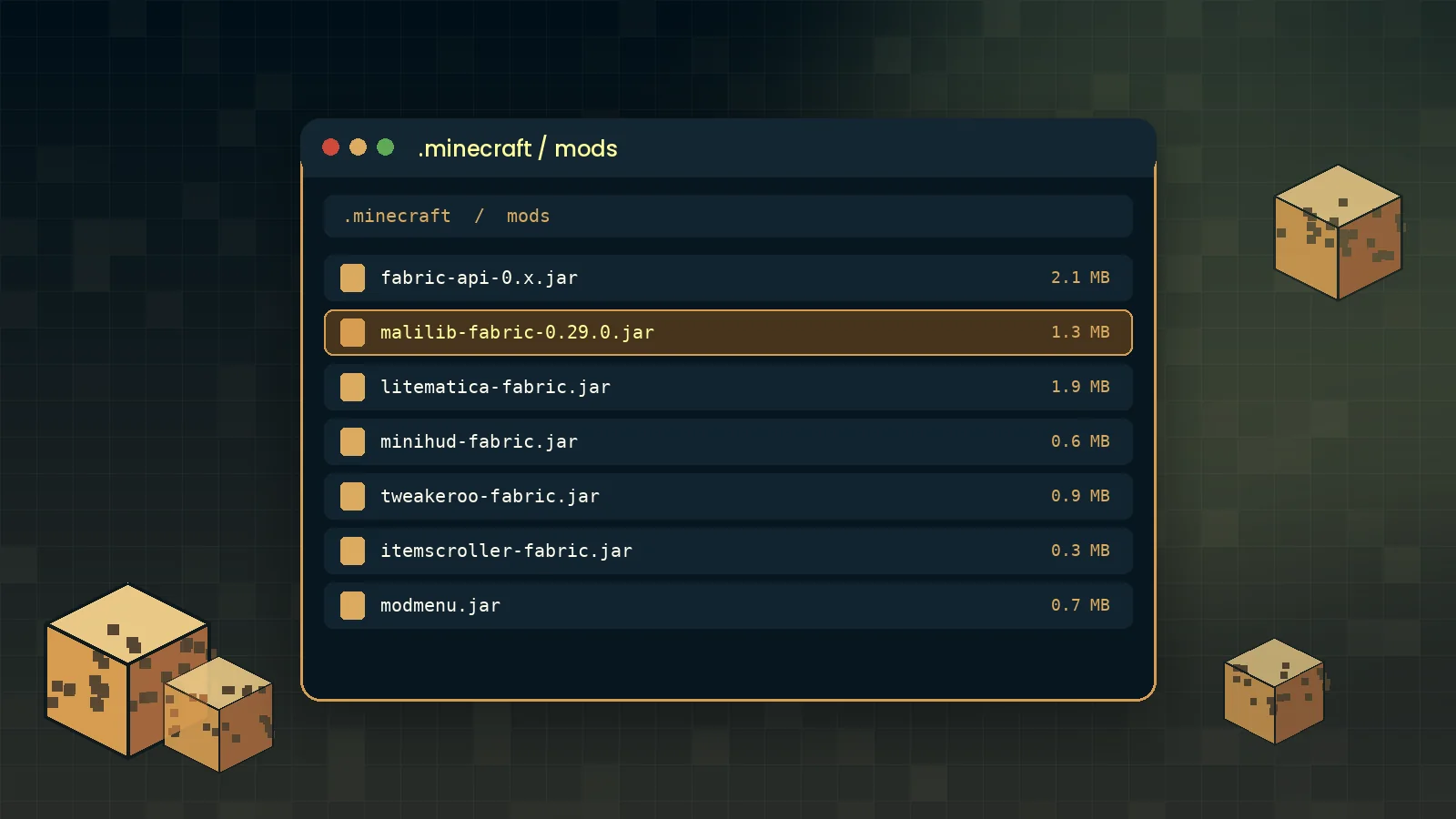 MaLiLib jar placed in the .minecraft mods folder next to the mods that need it