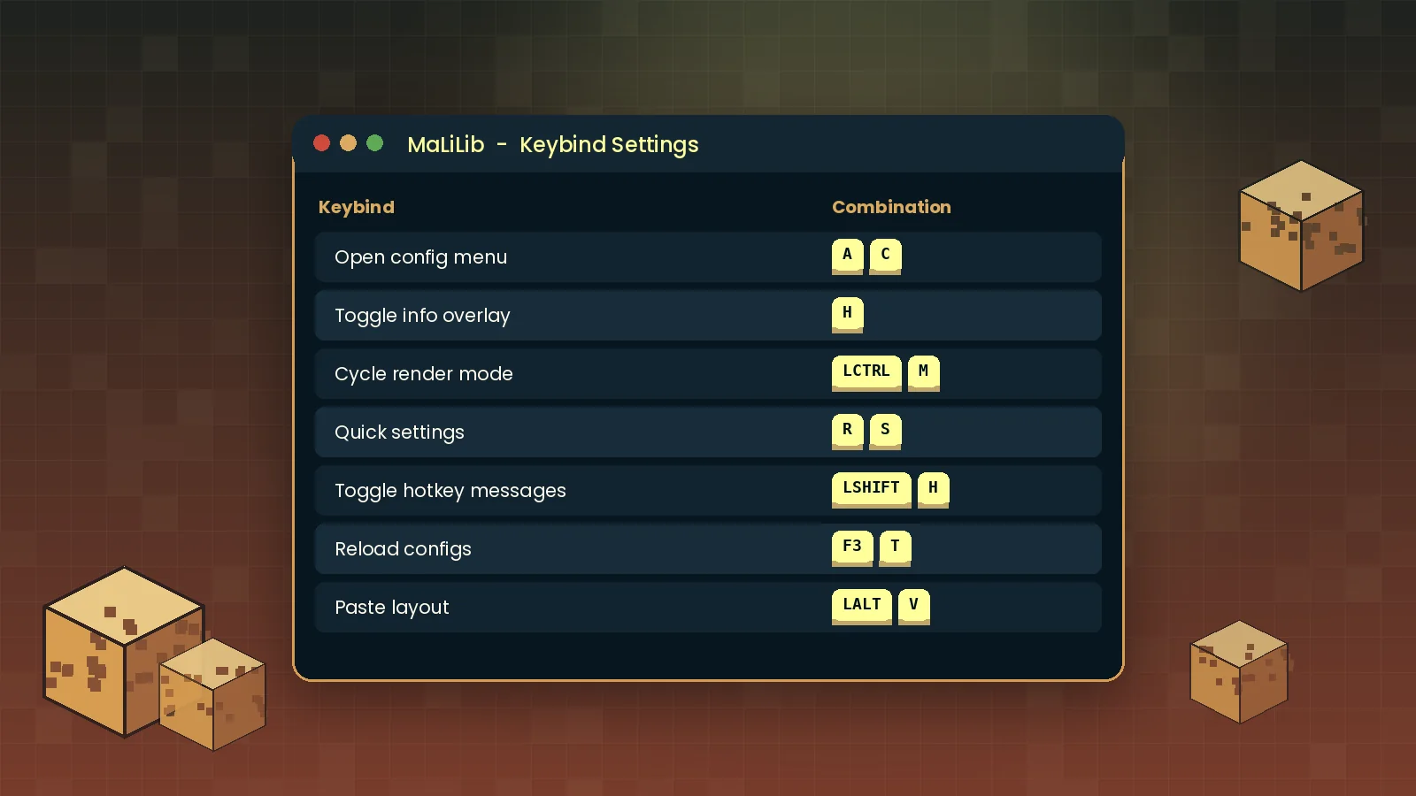 MaLiLib keybind settings list with multi-key combinations for masa mods