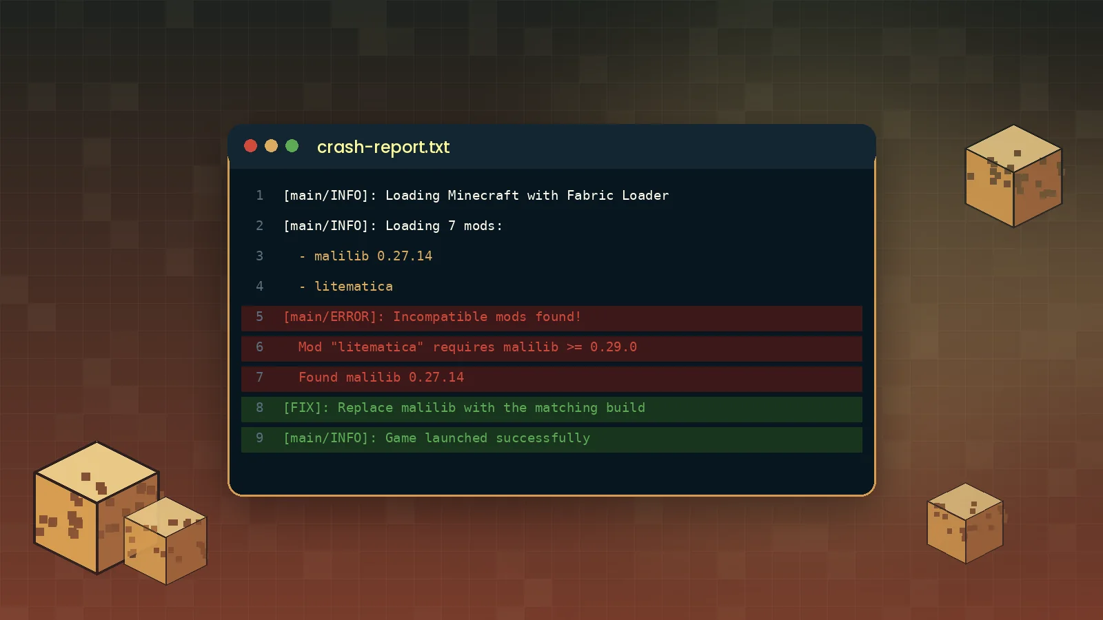 Minecraft log showing a MaLiLib version mismatch between Litematica and an older MaLiLib build