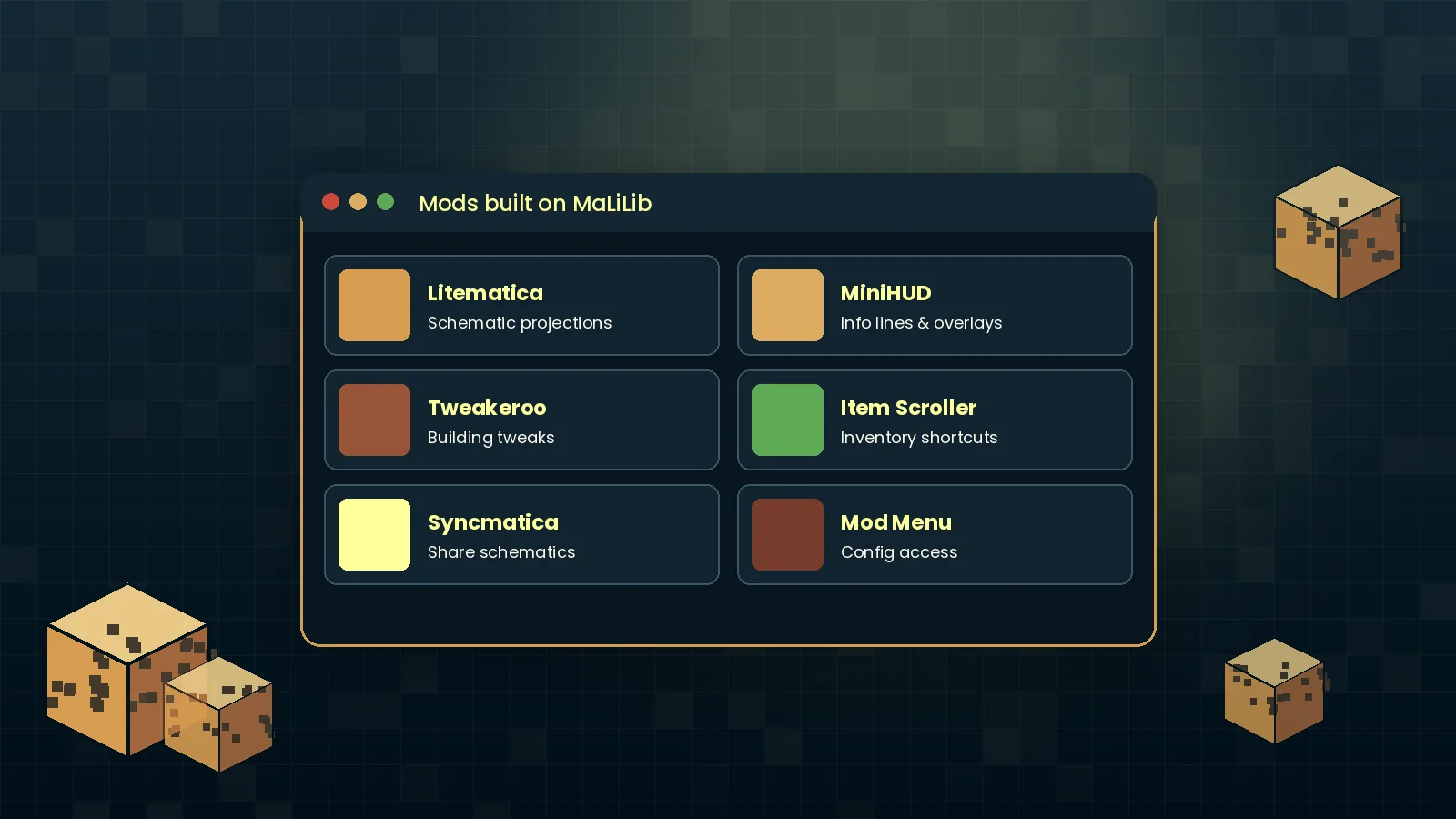 Grid of popular Minecraft mods that depend on MaLiLib including Litematica and MiniHUD